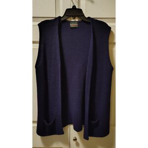 VTG Curry Knits Sleeveless Sweater Vest Navy Blue Open Front Pockets Large
